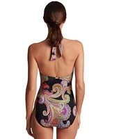 Lauren Ralph Women's Printed Macrame Ring Halter One-Piece Swimsuit