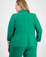 Tahari Asl Plus Printed-Cuff 3/4-Sleeve Linen-Blend Blazer