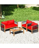 Gymax 4PCS Patio Outdoor Furniture Conversation Set Acacia Wood W/ Cushions