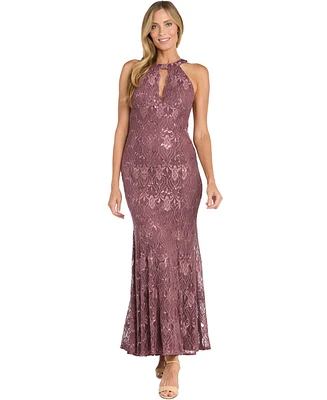 R & M Richards Women's Sequin Lace Keyhole Halter Gown