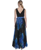 Eliza J Women's Mixed-Media V-Neck Sleeveless Pleated Gown