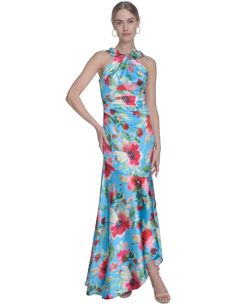 Eliza J Women's Floral-Print Twist-Front Halter Gown
