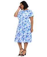 London Times Plus Floral-Print Bow Fit & Flare Dress
