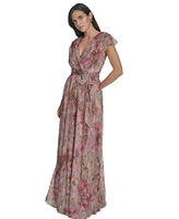 Jessica Howard Women's Metallic Printed Surplice Gown