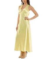 Emerald Sundae Juniors' V-Neck A-Line Satin Midi Dress