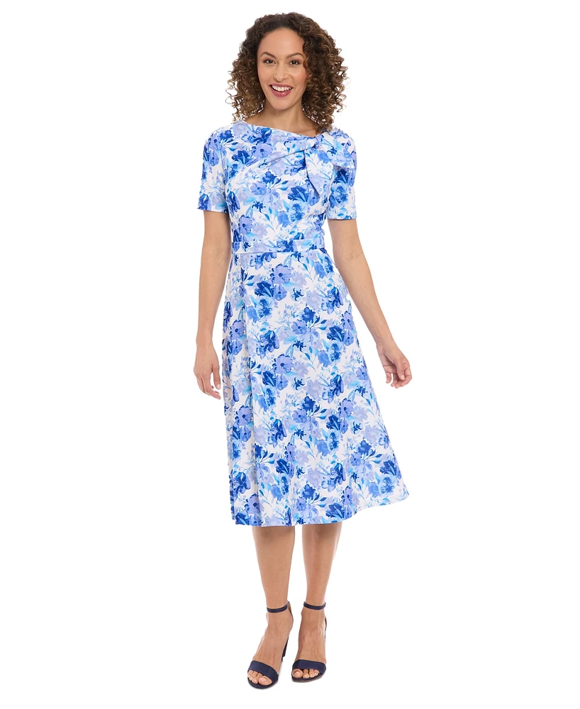 London Times Petite Floral-Print Bow-Neck Midi Dress