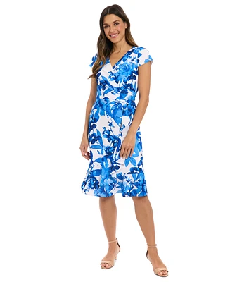 London Times Petite Floral Flutter-Sleeve Ruffle Dress