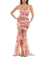Juniors' Printed Ruched High-Low Ruffled Gown, Created for Macy's