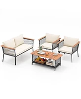Gymax Set of 4 Furniture Set w/2-Tier Coffee Table Acacia Wood Armrests Tabletop