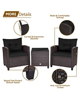 Gymax 3PCS Outdoor Patio Rattan Conversation Set Garden Yard w/ Cushions Coffee Table