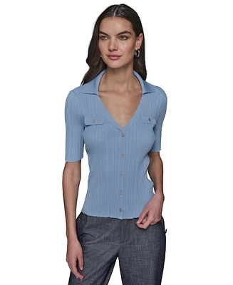 Karl Lagerfeld Paris Petite Ribbed Polo Sweater