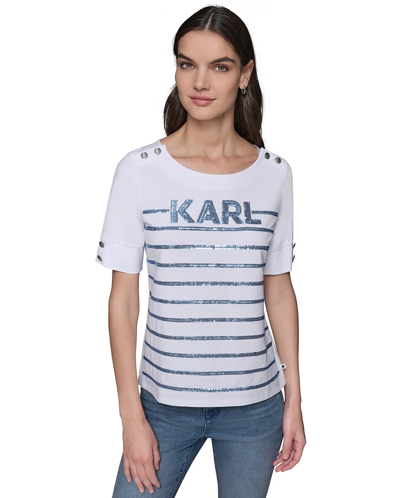 Karl Lagerfeld Paris Petite Sequined Striped Knit Top