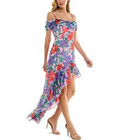 City Studios Juniors' Floral-Print Cold-Shoulder Ruffle-Trim Dress