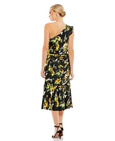 Mac Duggal Women's Floral Print Draped One Shoulder Midi Dress