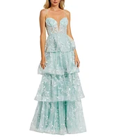 Mac Duggal Women's Spaghetti Strap Applique Tiered Ruffle Gown