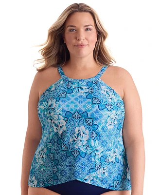 ShapeSolver by Mimi Flamingo Women's Barcelona Blues High Neck Tankini Swimsuit Top