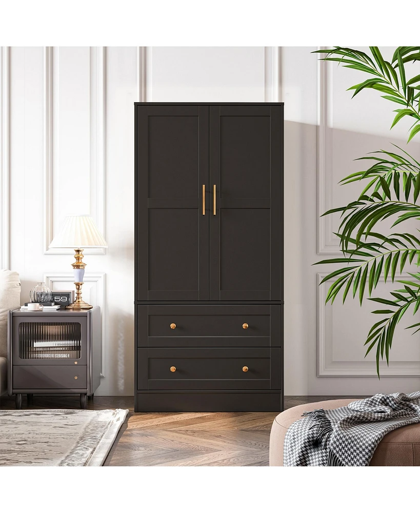 Lovmor Shaker Style Classic Two-Door Wardrobe, Solid Wood Bedroom Armoire with Hanging Rod and Shelves