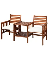 Gymax Patio Outdoor Conversation Set Acacia Wood Loveseat w/ Cushion Table