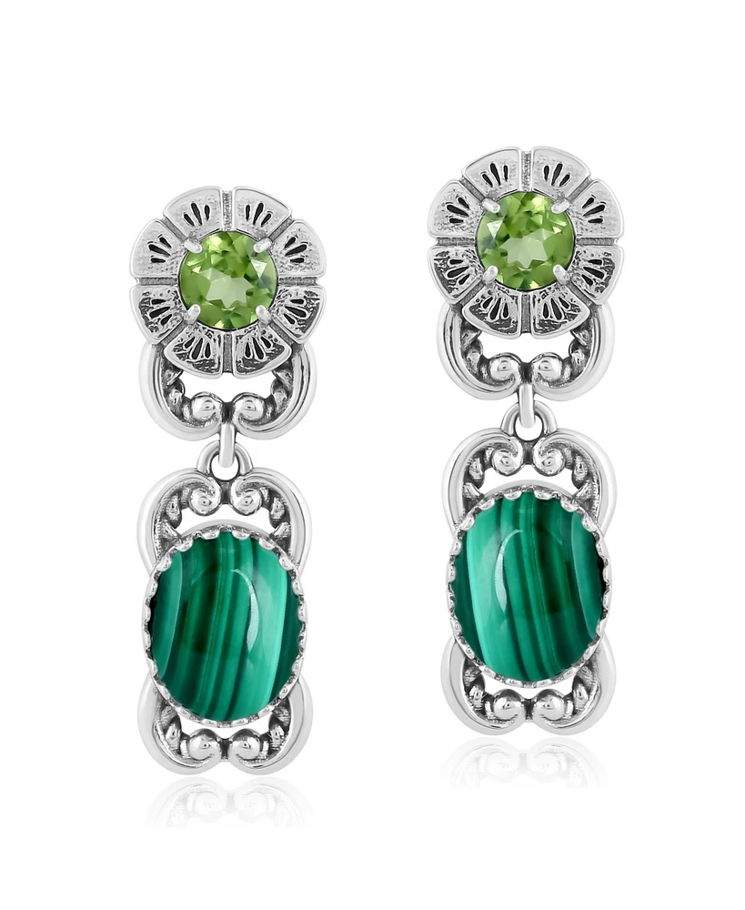 American West Jewelry Sterling Silver Malachite Peridot Desert Bloom Dangle Earrings