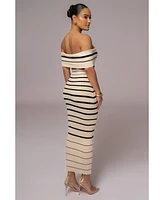 Jluxlabel Women's Ivory Off The Shoulder Striped Dress