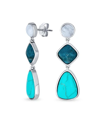 Bling Jewelry Boho Geometric Dangle Earrings Pink Quartz & Blue Turquoise Silver Plated