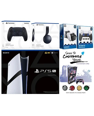 Sony Playstation 5 Pro Bundle with Black Pulse Headset, Extra Controller, Fps Grip Kit, Dual Charge Dock and MightySkins Decal Voucher