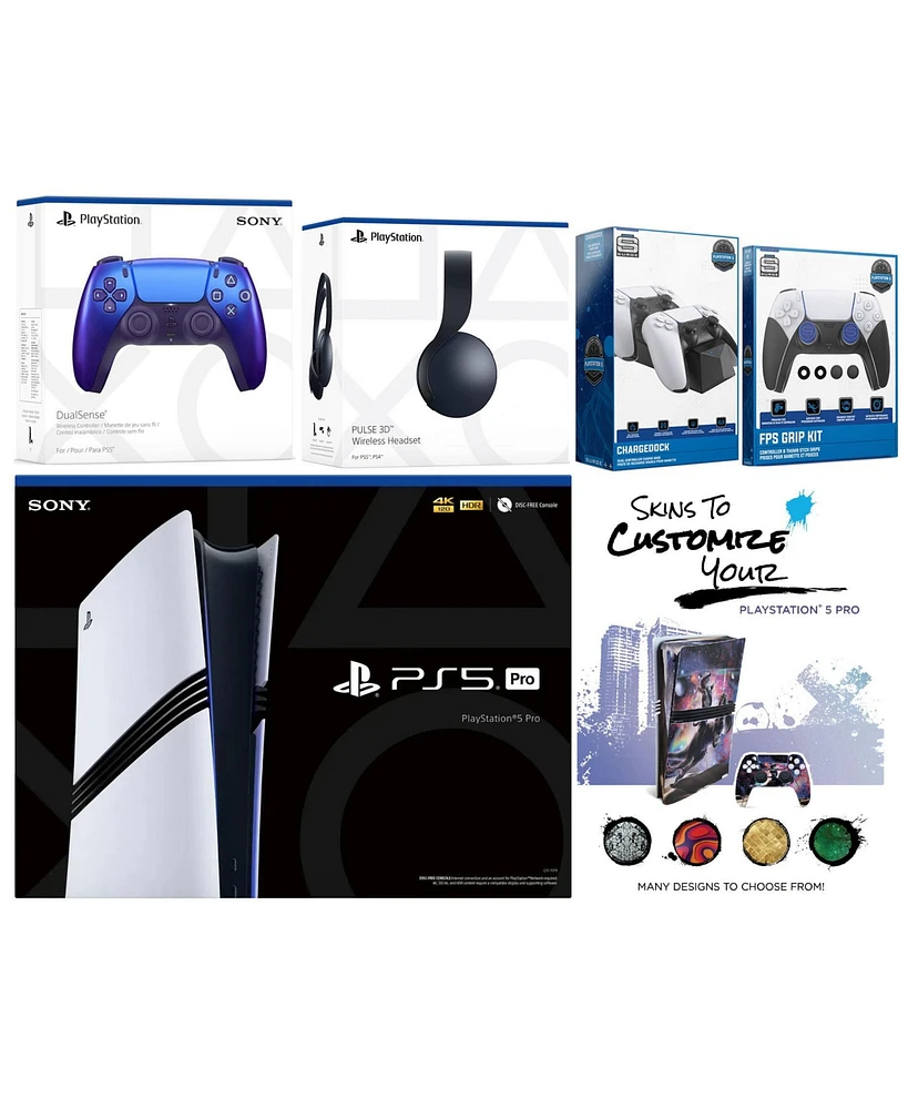 Sony Playstation 5 Pro Bundle with Black Pulse Headset, Extra Cosmic Red Controller, Fps Grip Kit, Dual Charge Dock and MightySkins Decal Voucher