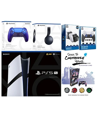 Sony Playstation 5 Pro Bundle with Black Pulse Headset, Extra Cosmic Red Controller, Fps Grip Kit, Dual Charge Dock and MightySkins Decal Voucher