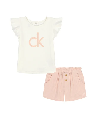 Calvin Klein Baby Girls 2-Piece Satin Logo T-Shirt and Smocked Waist Gauze Shorts Set