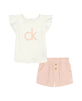 Calvin Klein Baby Girls 2-Piece Satin Logo T-Shirt and Smocked Waist Gauze Shorts Set