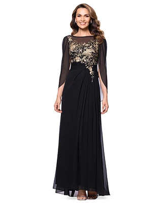 Betsy & Adam Women's Embroidered Cape-Sleeve Gown