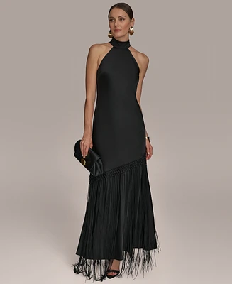 Donna Karan New York Women's High-Neck Fringe-Trim Gown