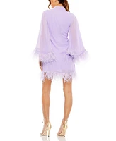 Mac Duggal Women's High Neck Cape Sleeve Mini Dress with Feather Trim
