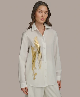 Donna Karan New York Women's Metallic Brushstroke Button Down Shirt