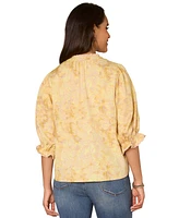 Democracy Petite Printed Lantern-Sleeve Pintuck Top