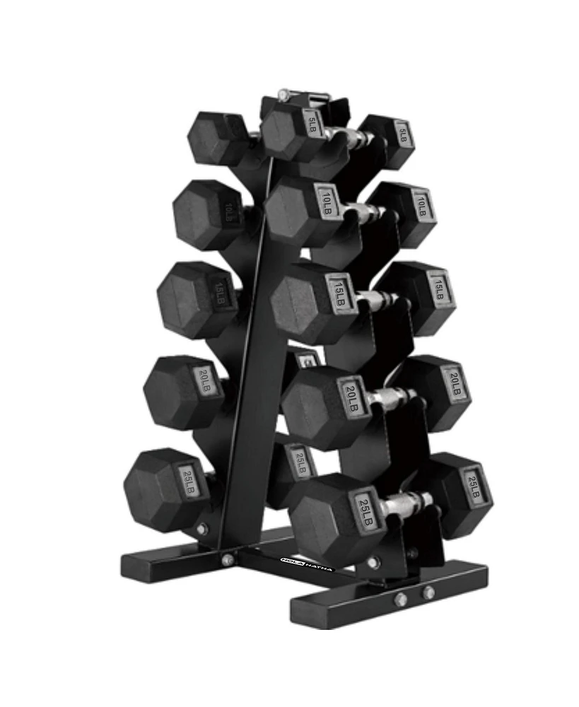 HolaHatha 5, 10, 15, 20 & 25 Pound Hexagonal Dumbbell Weight Set w/Rack, Black