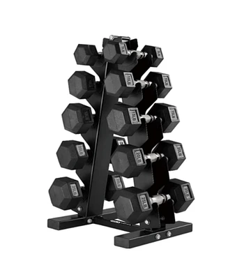 HolaHatha 5, 10, 15, 20 & 25 Pound Hexagonal Dumbbell Weight Set w/Rack, Black