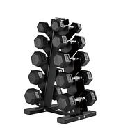 HolaHatha 5, 10, 15, 20 & 25 Pound Hexagonal Dumbbell Weight Set w/Rack, Black