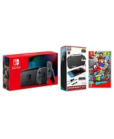 Nintendo Switch 32GB Console Gray Joy-Con Bundle with Surge 11-In-1 Accessory Starter Pack and Super Mario Odyssey