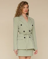 Avec Les Filles Women's Double-Breasted Belted Gingham Blazer