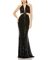 Mac Duggal Women's Cut Out Halter Tie Back Sequin Gown