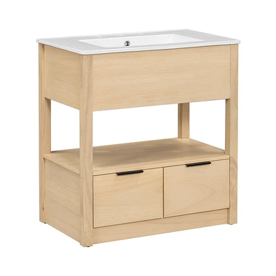 30" Bathroom Vanity with Sink Top, Bathroom Cabinet with Open Storage Shelf and Two Drawers