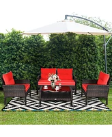 Costway 4PCS Patio Rattan Furniture Set Loveseat Sofa Coffee Table Garden W/Red Cushion