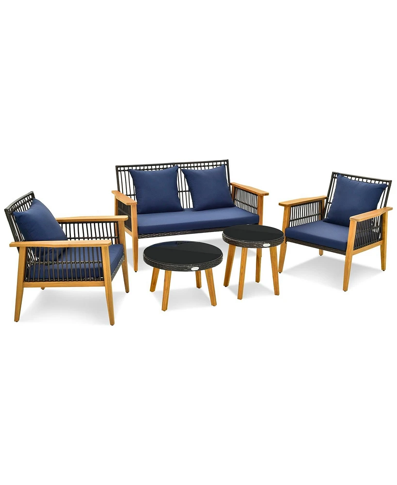 Gymax 5 Piece Patio Rattan Woven Conversation Set Stable Acacia Wood Frame for Backyard w/ Coffee Table