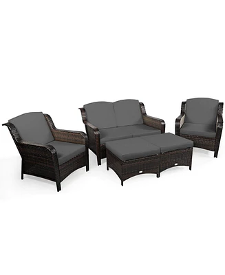 Gymax 5 Piece Outdoor Patio Rattan Conversation Sofa Furniture Set w/ Cushions