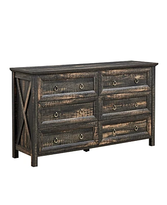 Farmhouse 6 Drawers Dresser for Bedroom, Wood Rustic Wide Chest of Drawers, Storage Dressers Organizer for Bedroom, Living Room, Hallway,Dark Rustic O