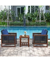 Gymax 3 Piece Outdoor Furniture Set Rattan Wicker Patio Conversation Set w/ Cushion