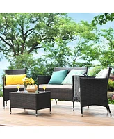 Gymax Set of 4 Outdoor Patio Rattan Conversation Furniture Set w/ Cushion Table
