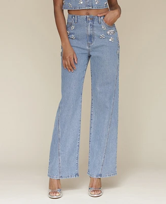 Avec Les Filles Women's Rhinestone-Trim Hollywood-Waist Wide-Leg Jeans