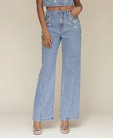 Avec Les Filles Women's Rhinestone-Trim Hollywood-Waist Wide-Leg Jeans